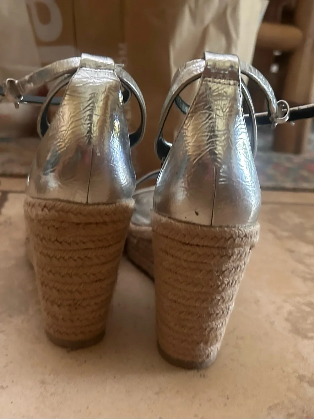 DKNY Silver Metallic Espadrille Wedge Sandals